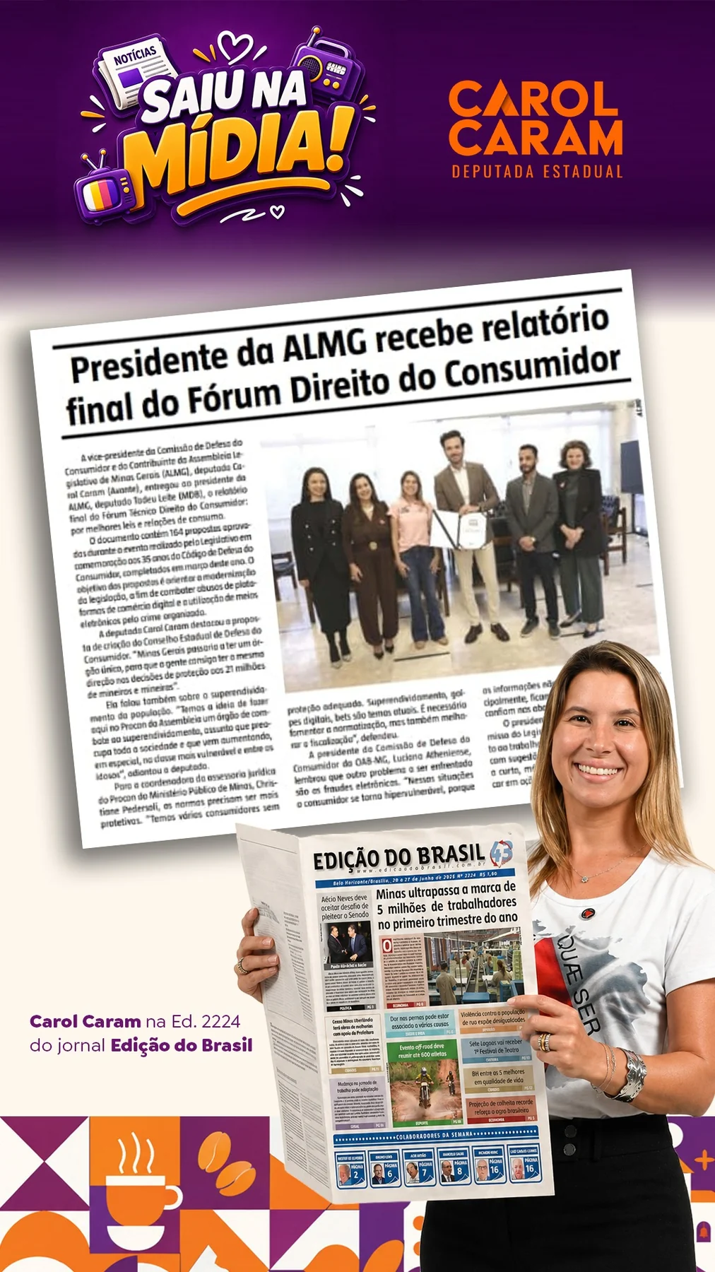 Peça Saiu na Mídia com Carol Caram segurando um jornal